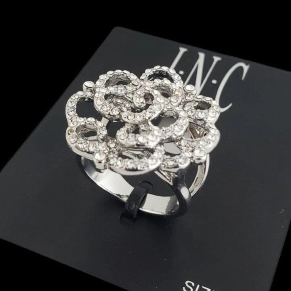 INC Women's Silver-Tone Faux Crystal Pave Rose Statement Ring Sz 6 New with Tag - Picture 2 of 7